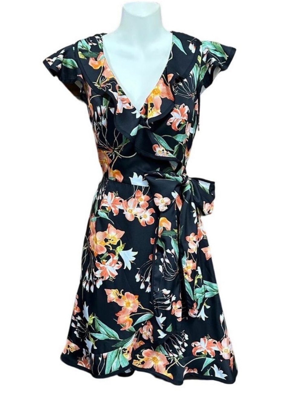 Karen Walker Tiger Lily dress Size 2 wrap look ruffle tie waist Vneck Anthropolo